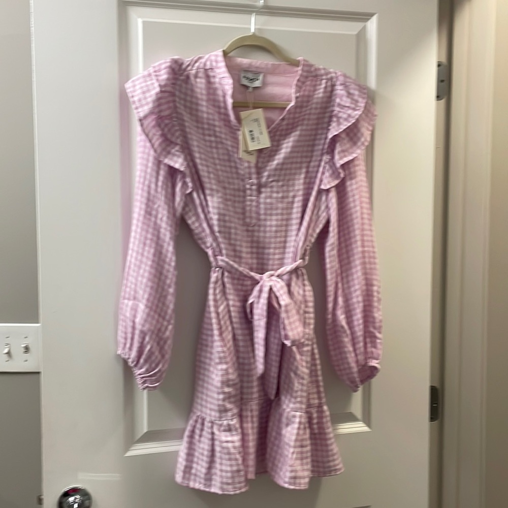 FRNCH brand dress, pink and white with tie belt.